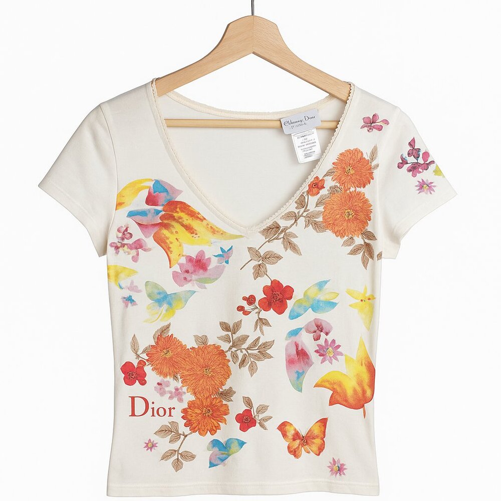 🌸 Christian Dior V-Neck Floral Print Tee – Rare Vintage Designer Top